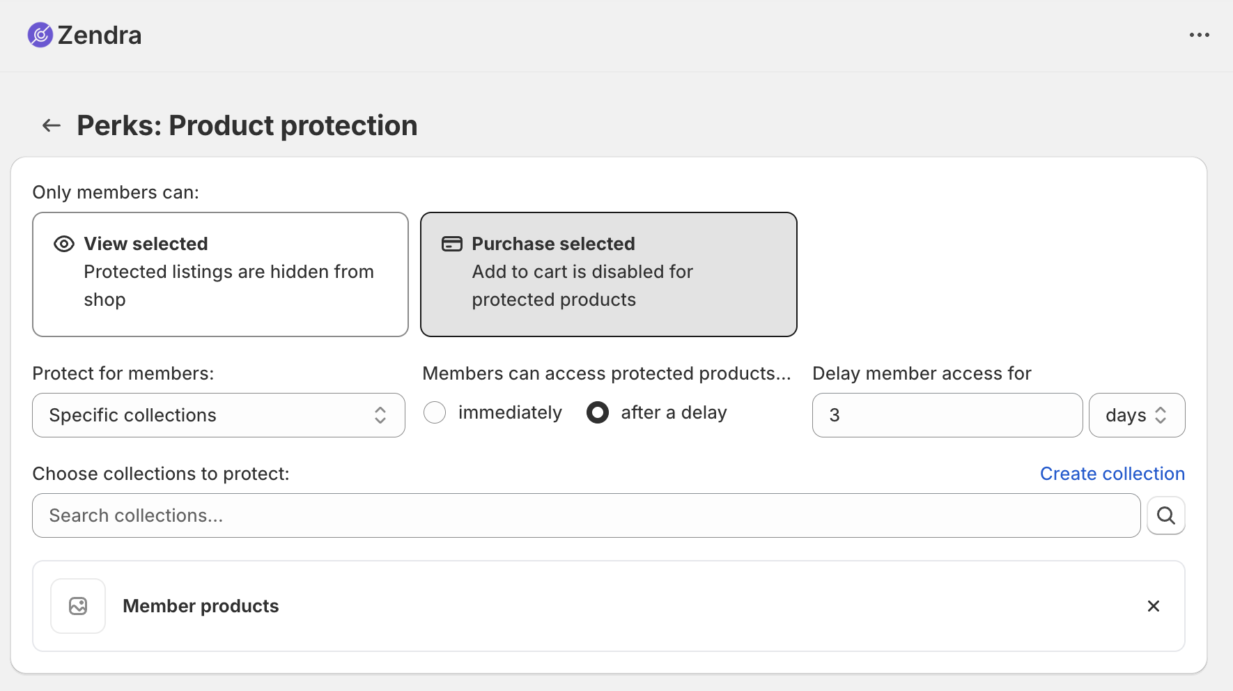 Zendra delayed gated collections purchasing