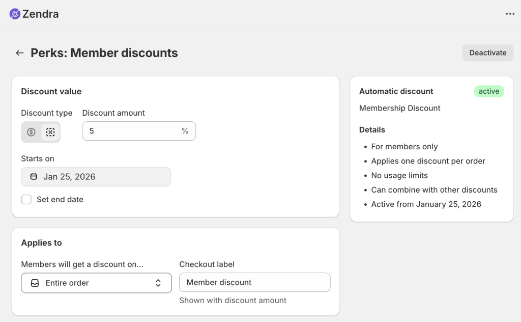 Zendra Shopify member discount