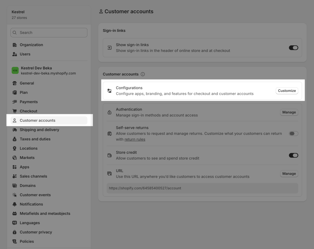 Modifying the Shopify customer account settings