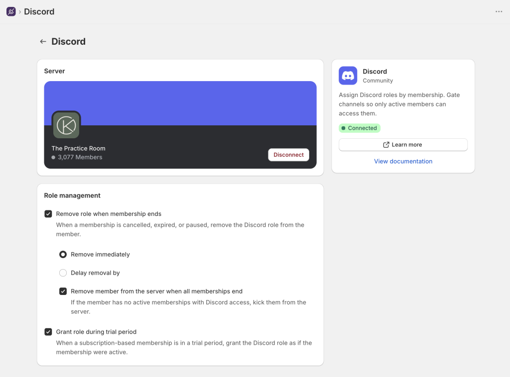Zendra member community: Discord integration settings