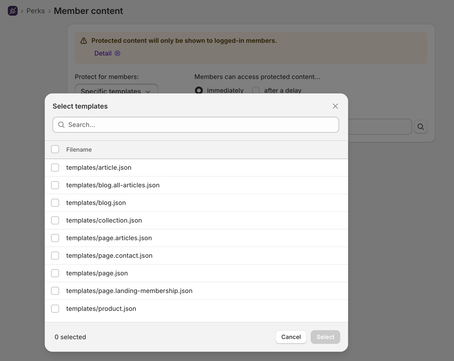 Zendra template resource picker, opened to protect a theme template, allowing only members to view it.
