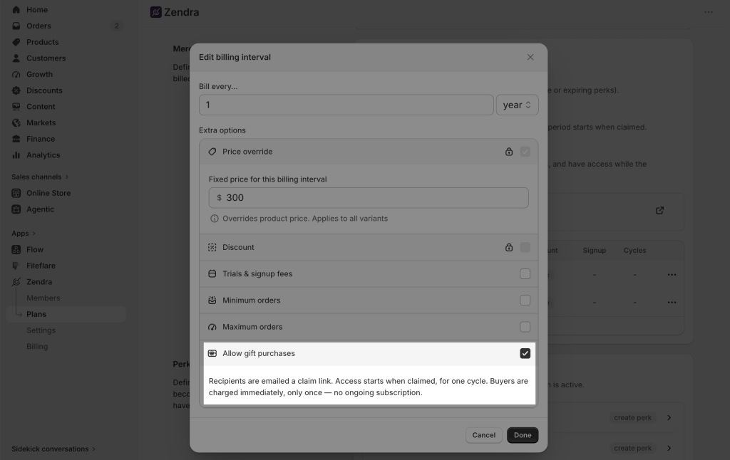 Zendra allow gift membership purchases for a billing plan