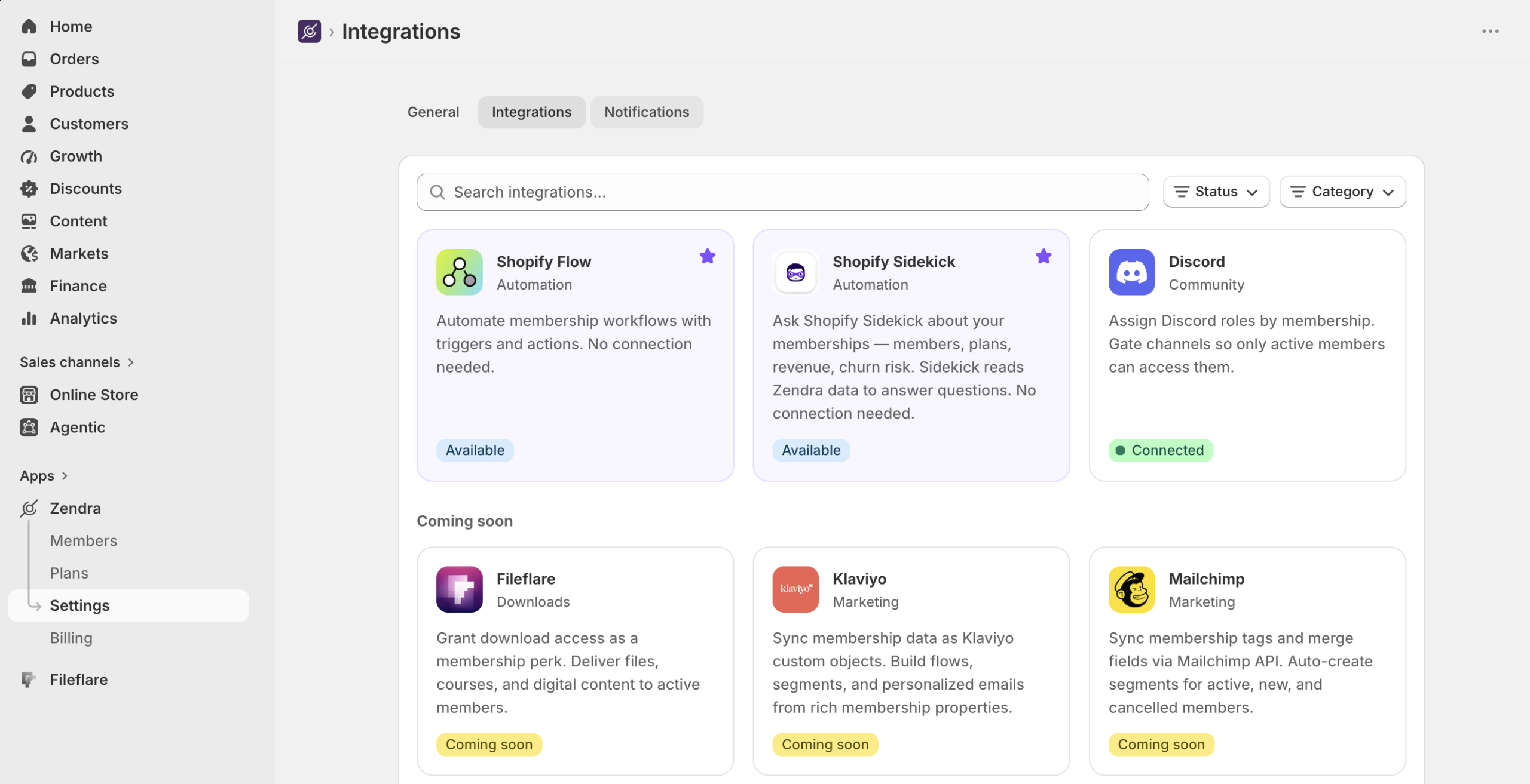 Zendra Settings > Integrations page listing available connections