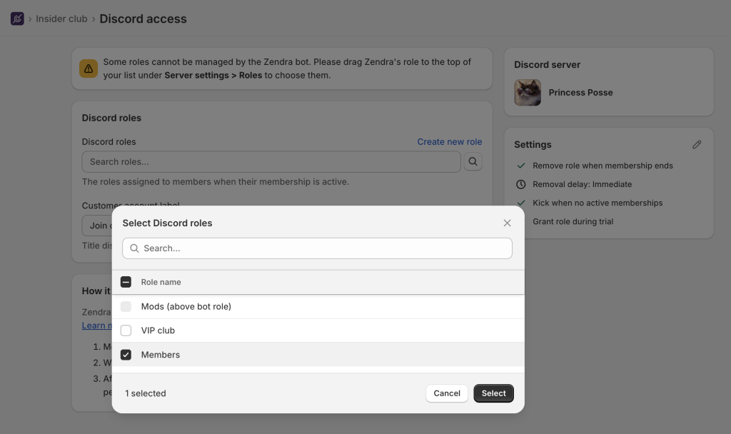 Zendra Discord perk set up for a plan