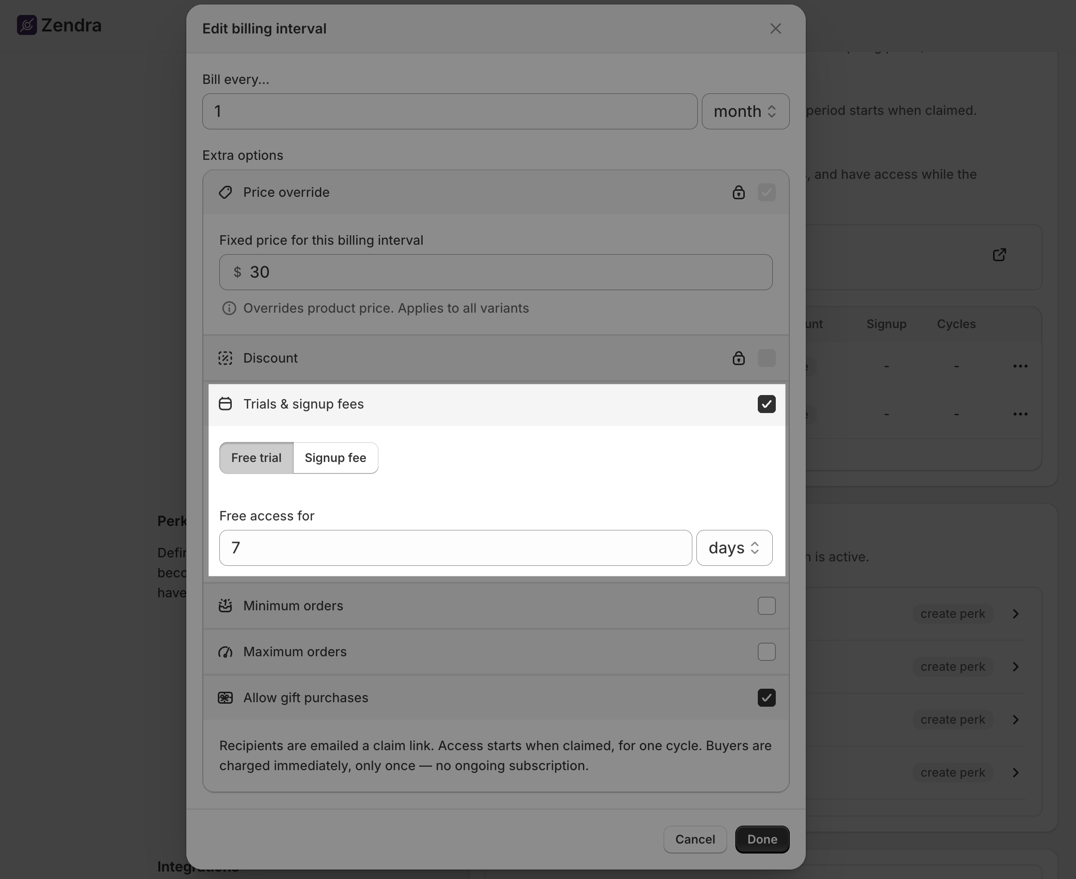The Zendra plan editor showing a billing option with a free trial length set in days, separate from the billing interval