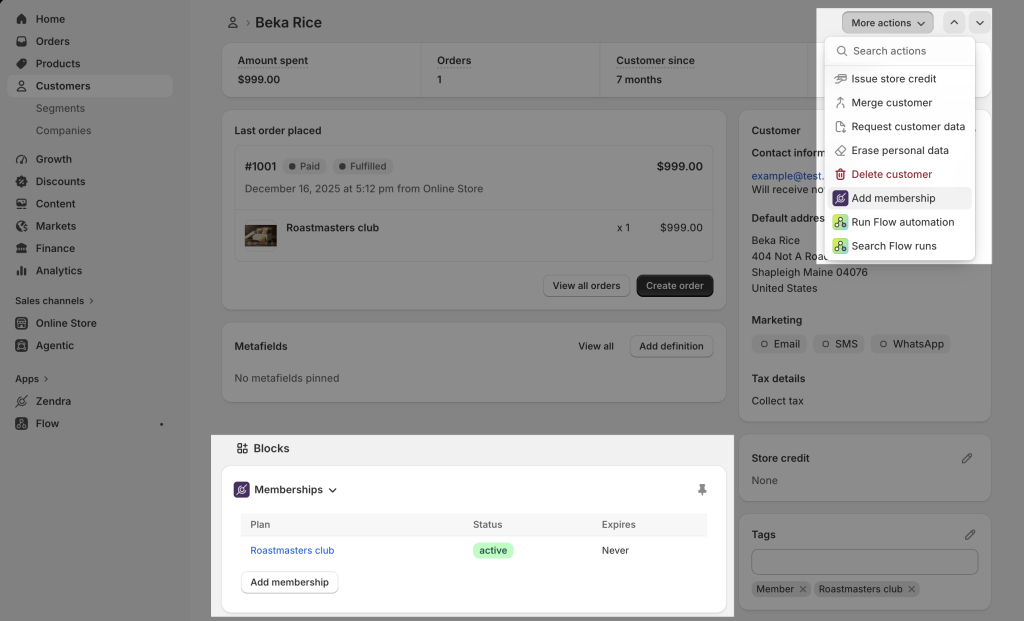 Zendra memberships: adding memberships manually to a customer record