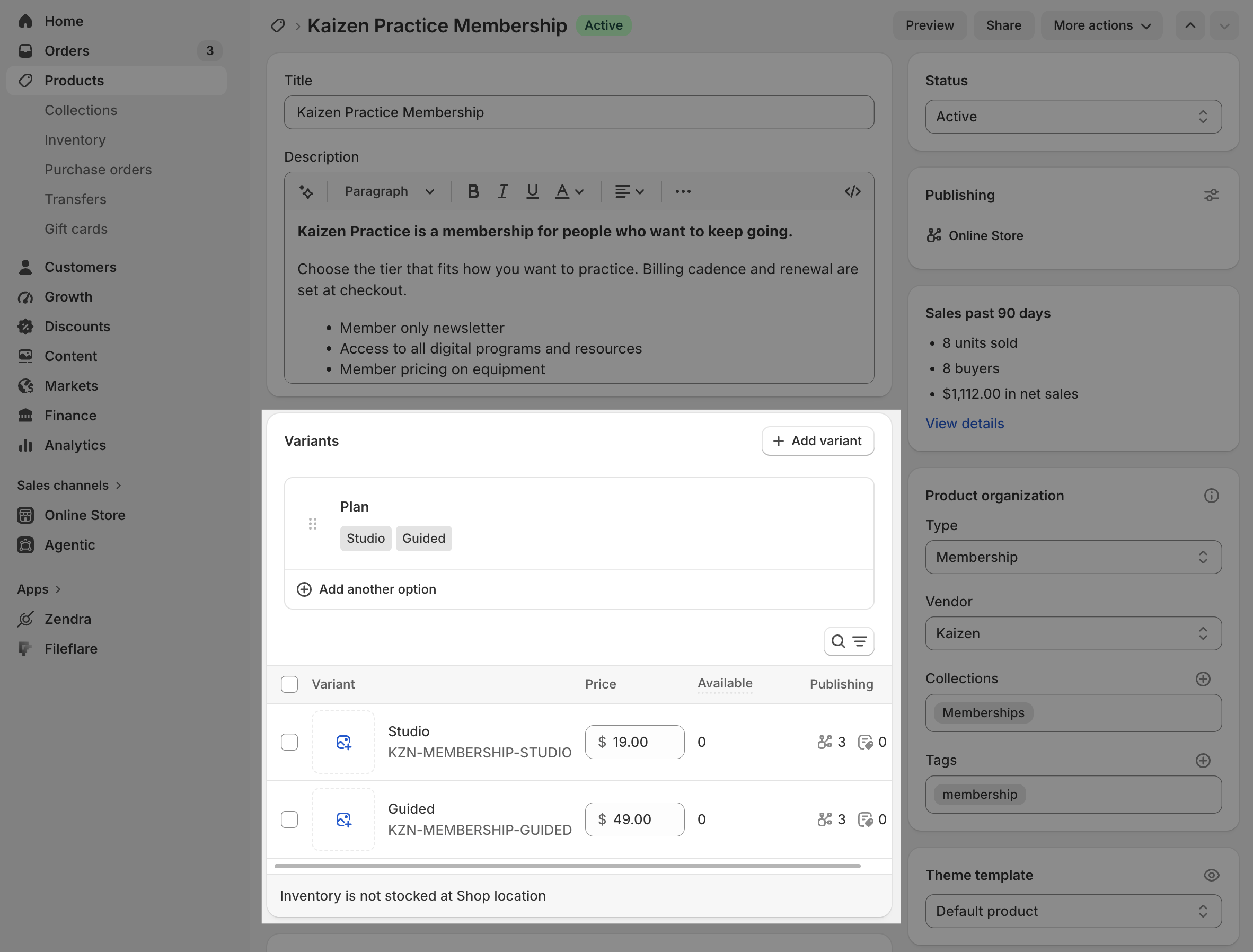 Creating a Shopify product to sell membership access, using variants for tier.