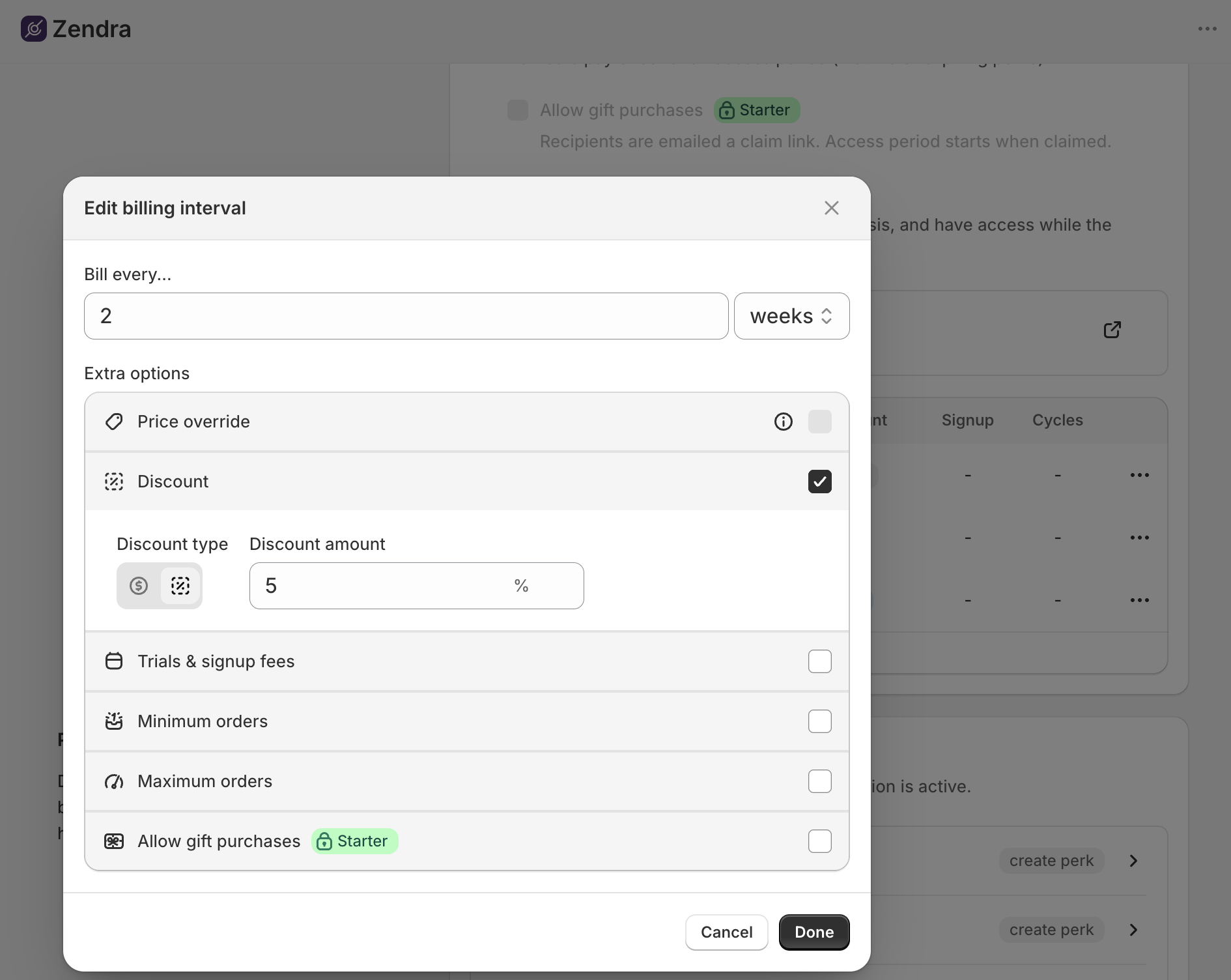 Zendra billing plans with subscription interval and extra options, such as discount.