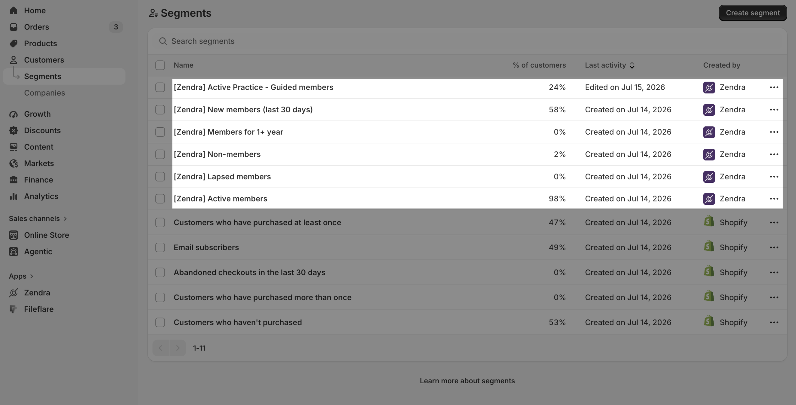 Zendra automatically created segments in the Shopify customer segment list.