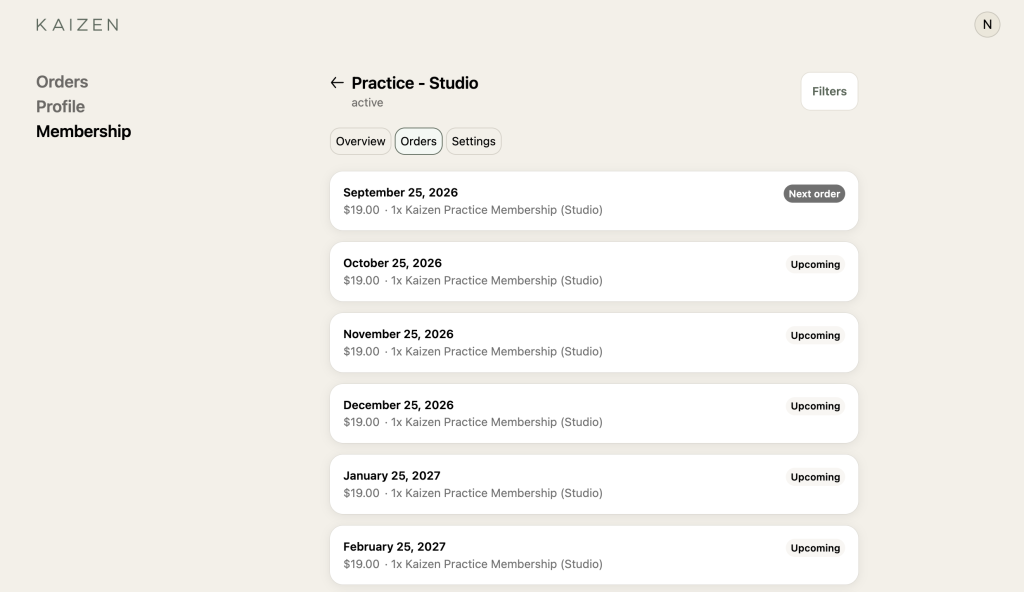 Upcoming membership orders in the Zendra customer account portal, with the Filters button visible