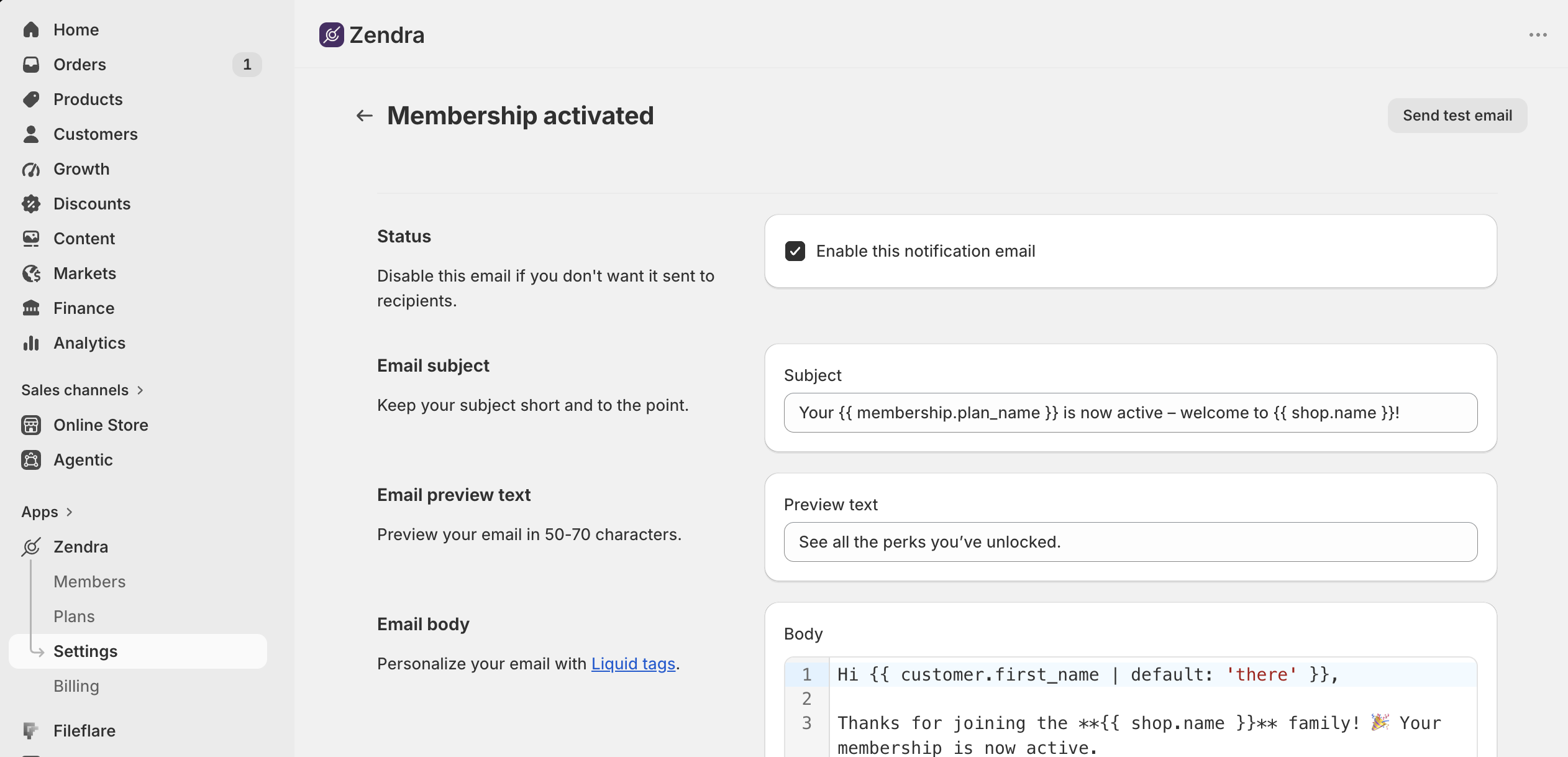 Zendra membership activation email editor showing status, subject, preview text, body, and test email control