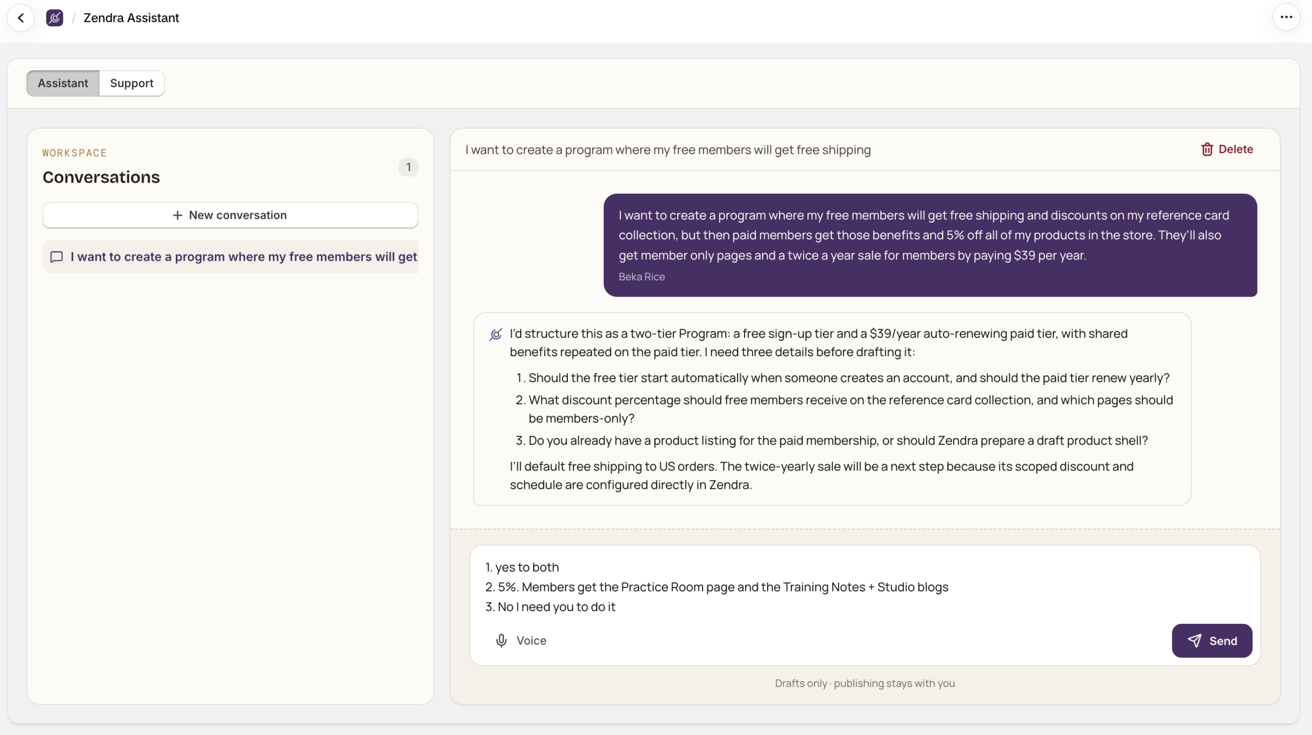 A Zendra Assistant conversation: the merchant describes a free tier and a $39-a-year paid tier, and the Assistant suggests a two-tier program and asks three questions before drafting it.