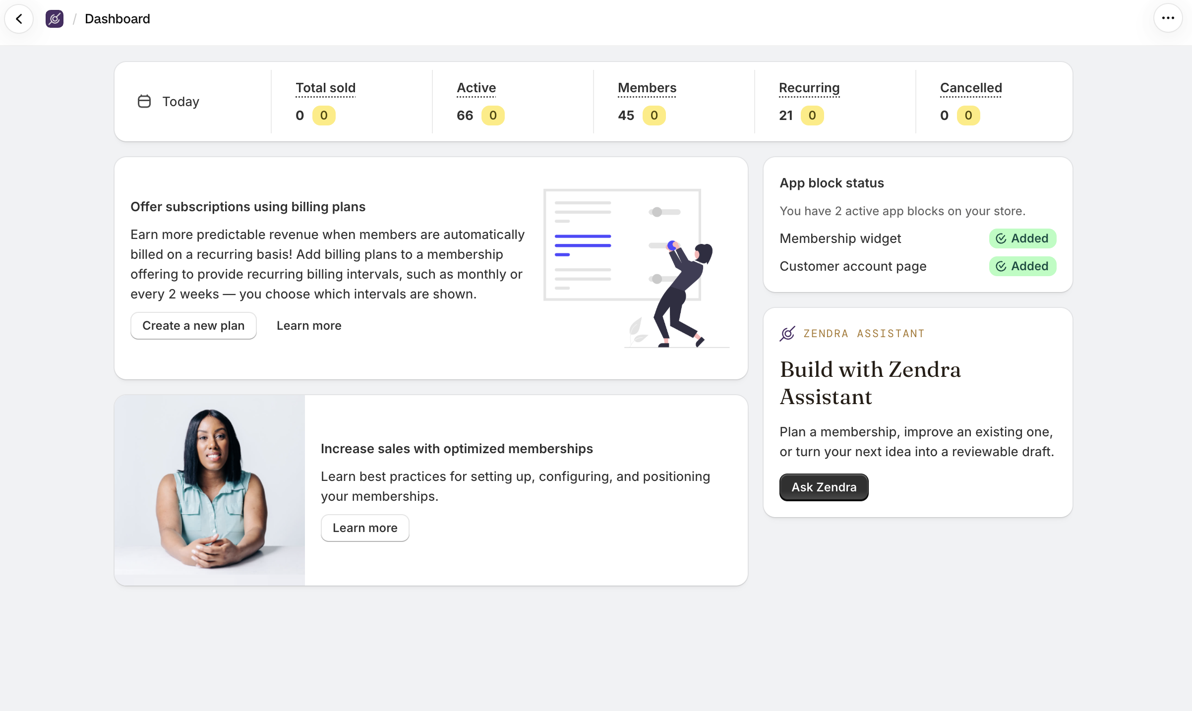 The Zendra dashboard for a store that's already set up, with the Build with Zendra Assistant card and its Ask Zendra button on the right.