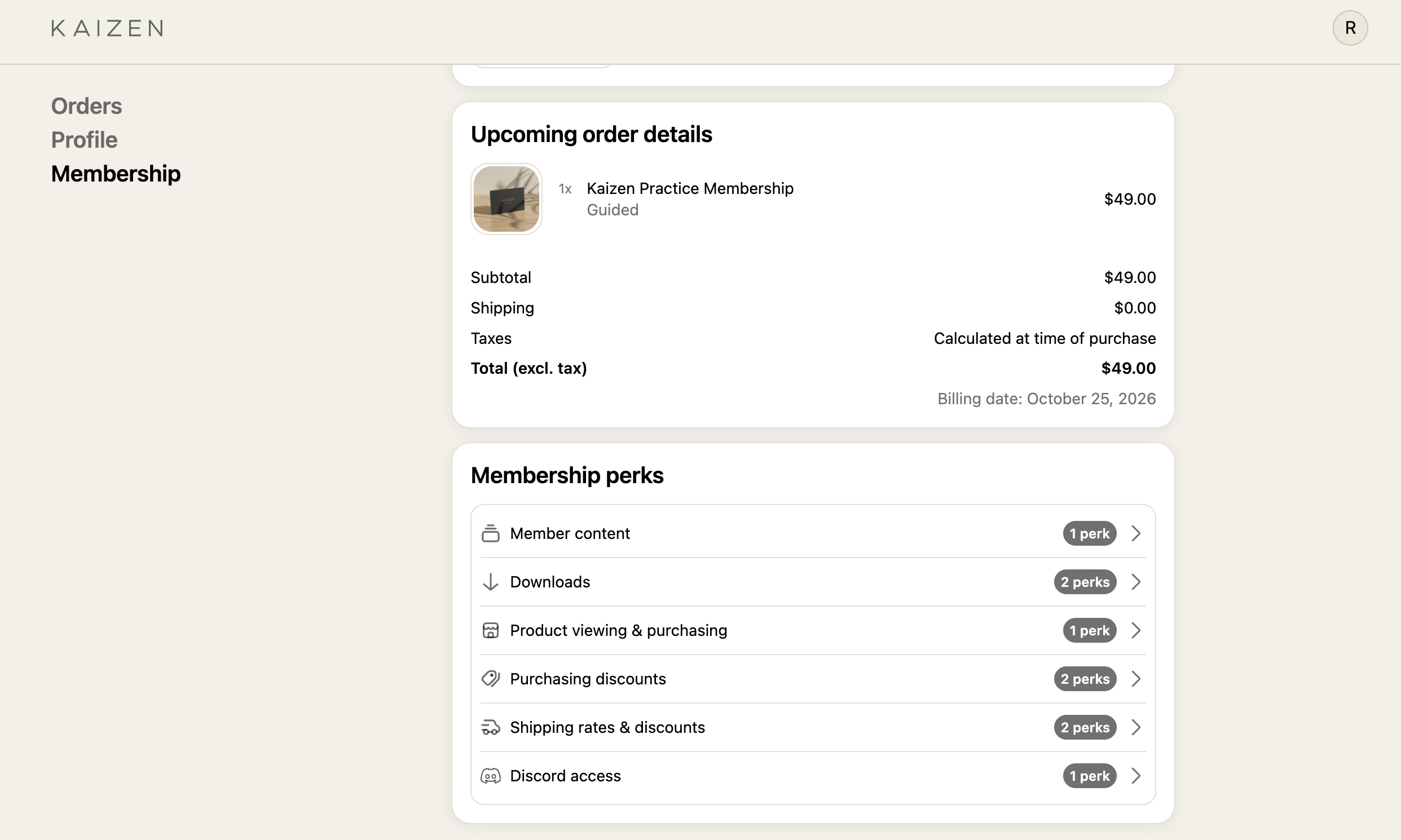 The Membership page in the Shopify customer account showing upcoming order details for a membership, then the Membership perks card listing Member content, Downloads, Product viewing and purchasing, Purchasing discounts, Shipping rates and discounts, and Discord access.