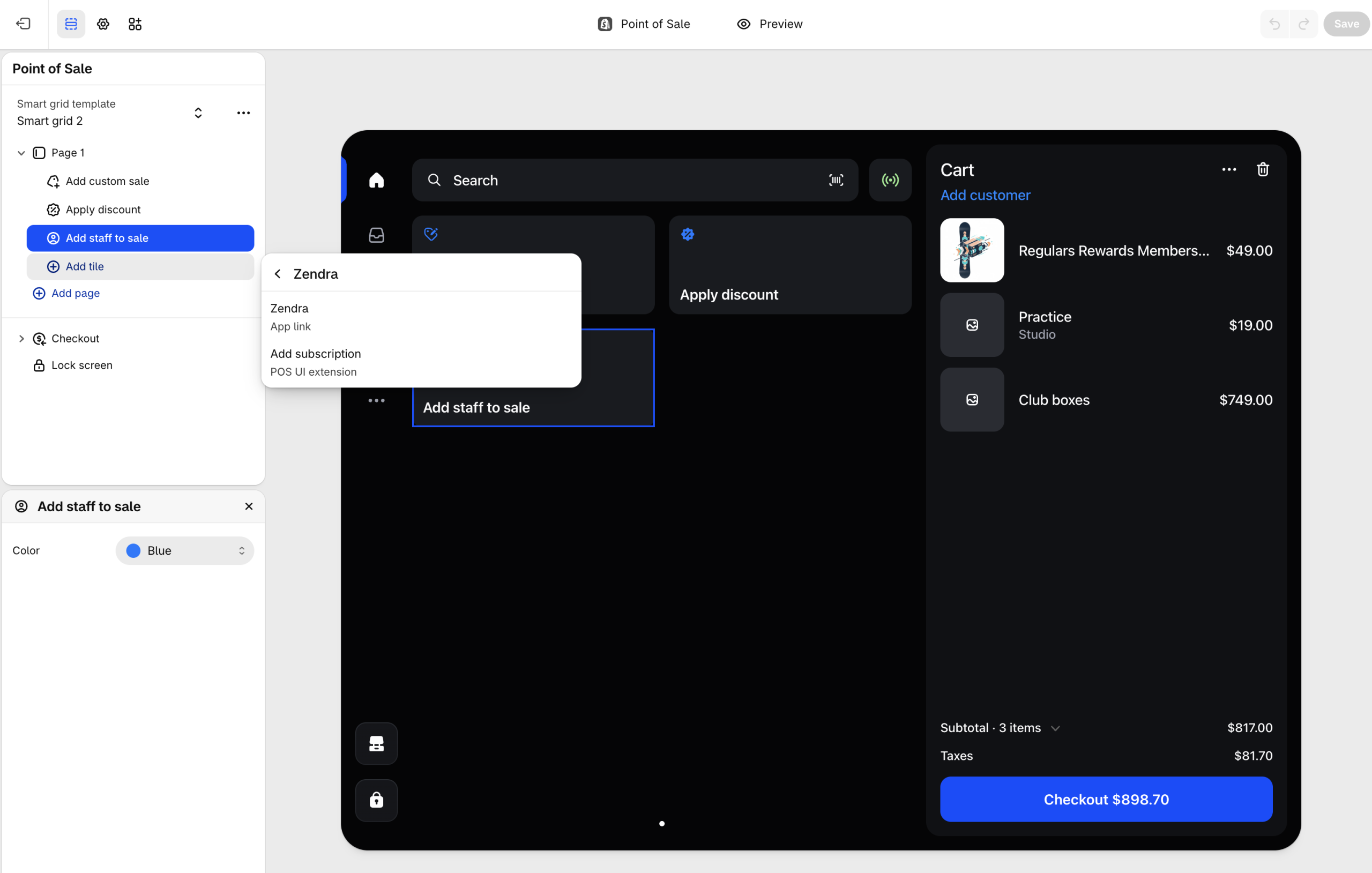 The Point of Sale layout editor in the Shopify admin, adding Zendra's Add subscription POS UI extension as a tile.