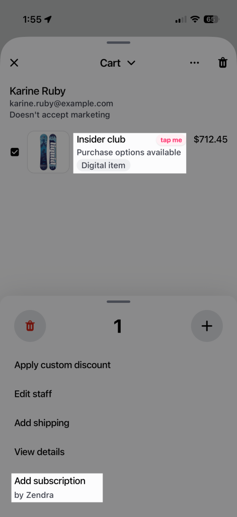 A cart item's menu in Shopify POS with Add subscription by Zendra at the bottom.
