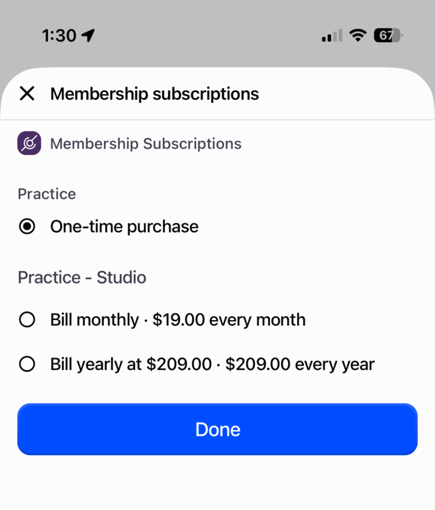 Zendra's Membership subscriptions picker in Shopify POS, listing One-time purchase and a membership plan's monthly and yearly options.