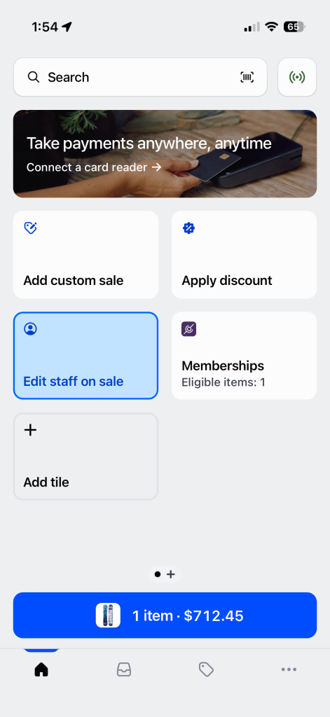 The Shopify POS home screen with Zendra's Memberships tile showing one eligible item.