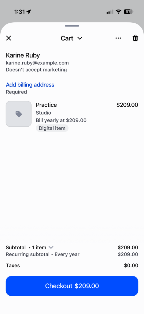 The Shopify POS cart after choosing a yearly subscription, showing the recurring subtotal.